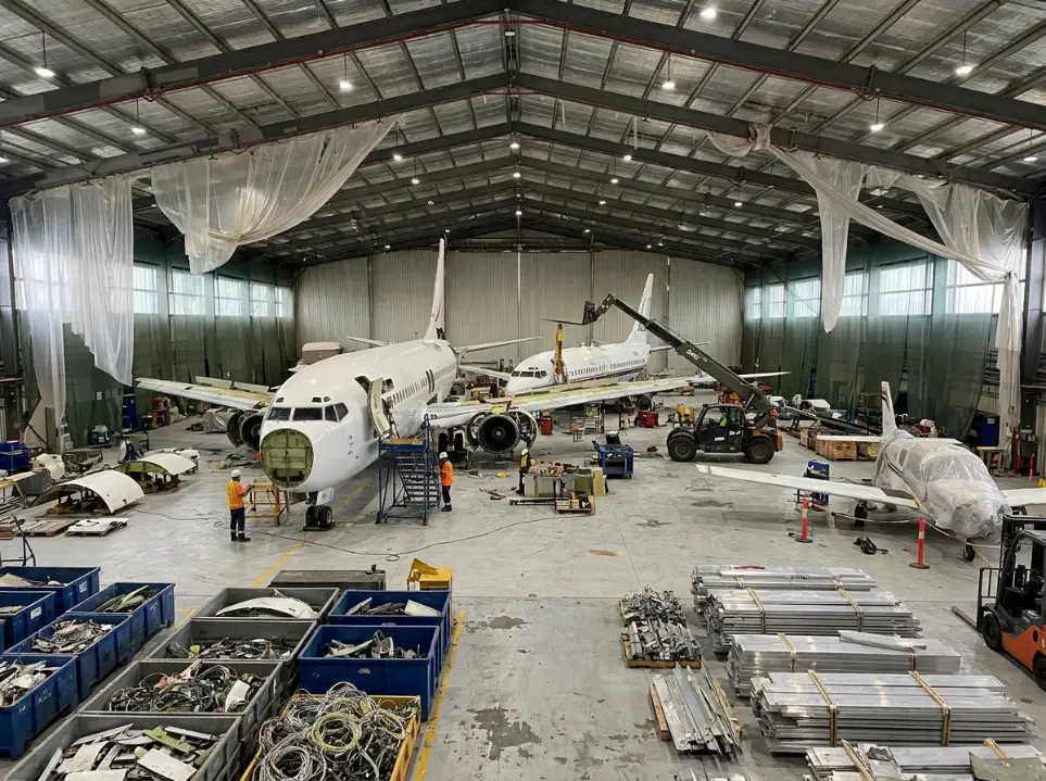 Boeing 737 undergoing controlled dismantling, with panels removed and recovered components crated