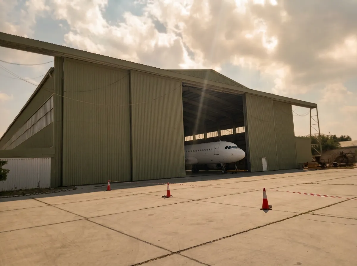 Airbus A320 inside the Dolphin Air storage hangar, viewed from the apron