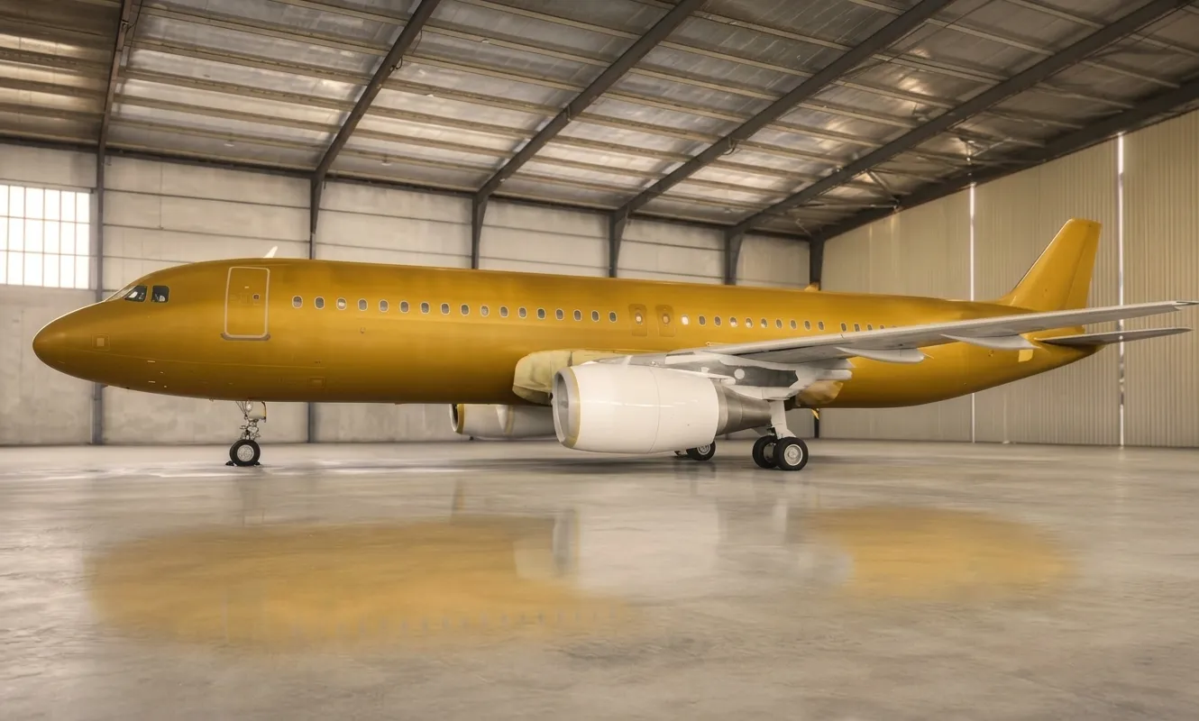 Airbus A320 in primer inside the Dolphin Air paint hangar during a refinishing input