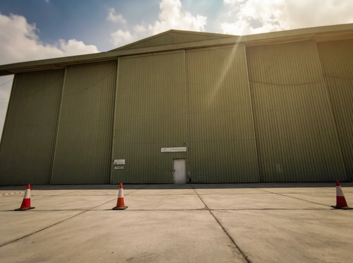 Closed hangar doors at the Dolphin Air facility, Sharjah International Airport