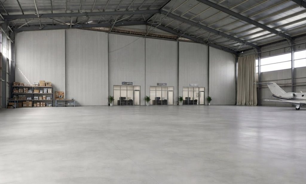 Empty leasable hangar unit with office suites along the wall inside SAIF Zone