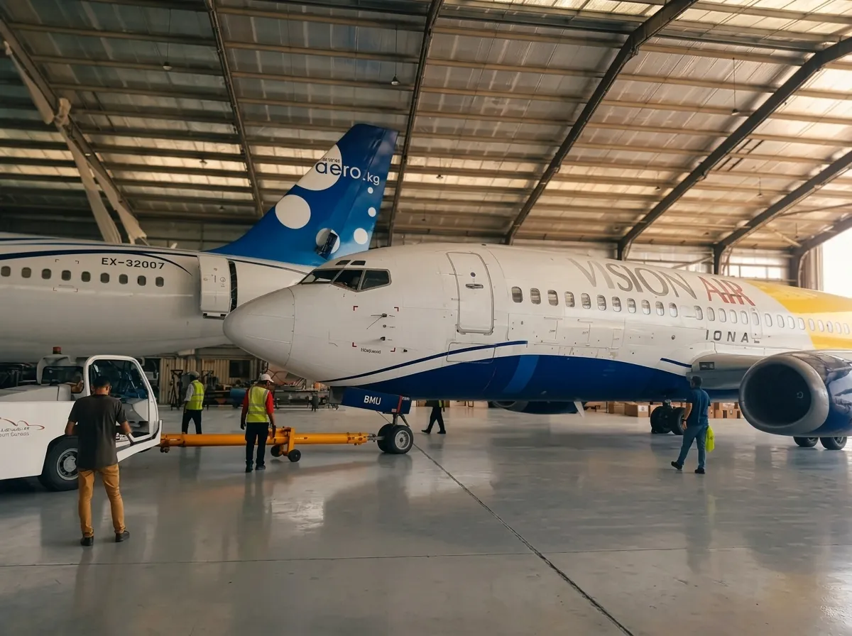 Boeing 737 under tow inside the Dolphin Air base maintenance hangar