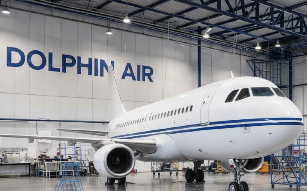 Business jet parked inside the Dolphin Air maintenance hangar at Sharjah International Airport