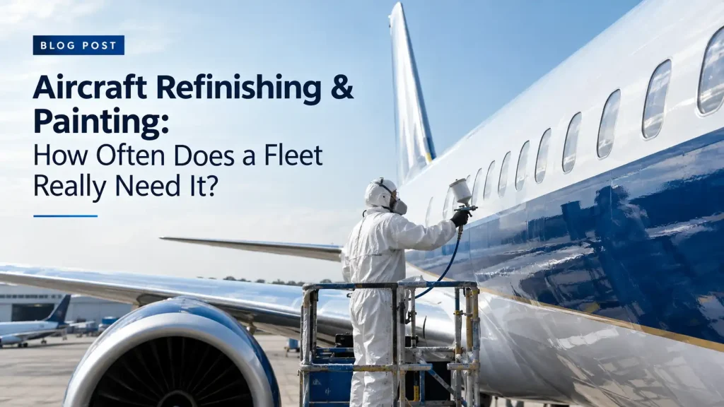Technician spray painting an airliner fuselage during aircraft refinishing and painting