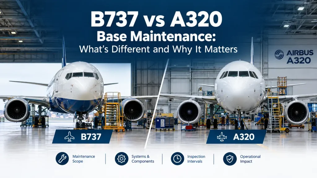 Boeing 737 and Airbus A320 side by side in a hangar for B737 vs A320 base maintenance
