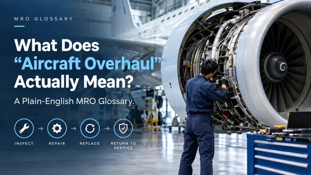 Technician inspecting an opened turbofan engine in a hangar, illustrating overhaul meaning in aviation