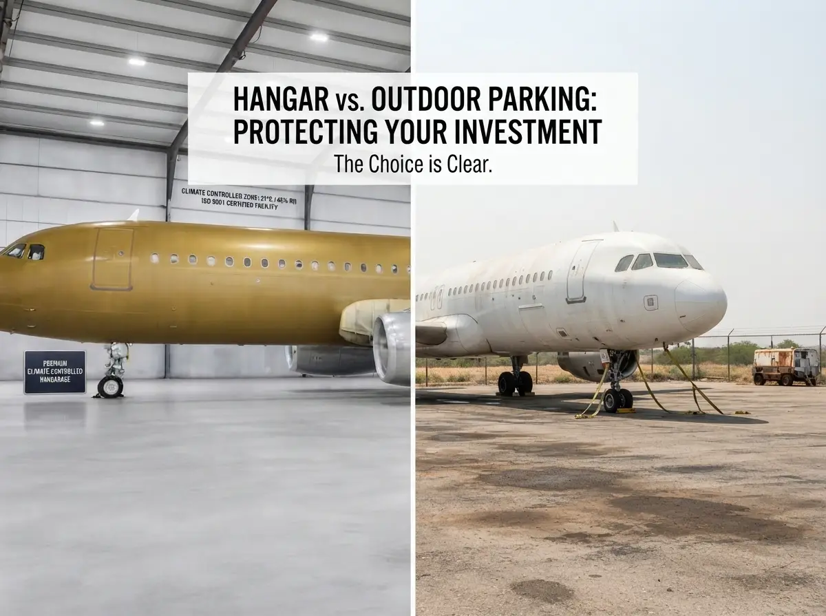 Hangar vs outdoor aircraft parking: airliner in a climate-controlled hangar beside a weathered airliner parked on an open desert apron