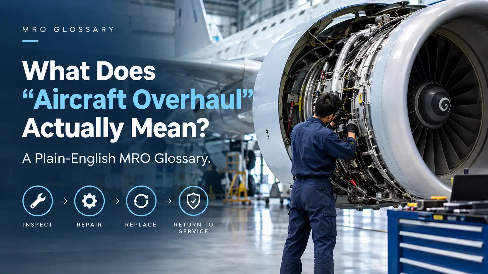 Technician inspecting an opened turbofan engine in a hangar, illustrating overhaul meaning in aviation